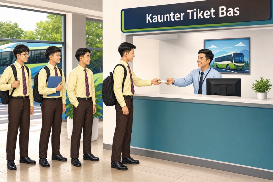 Pelajar MRSM membeli tiket di kaunter tiket bas